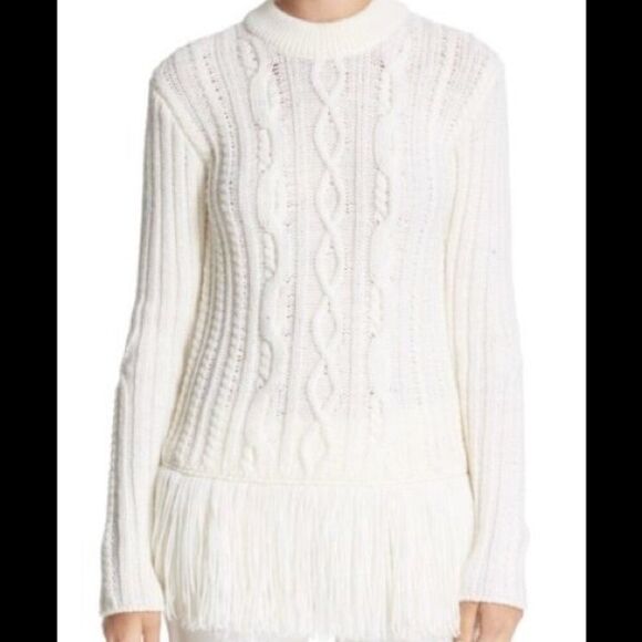Tory Burch Ivory Valero Fringe Hem Cable Knit Merino Blend Sweater - S/P - Picture 13 of 13